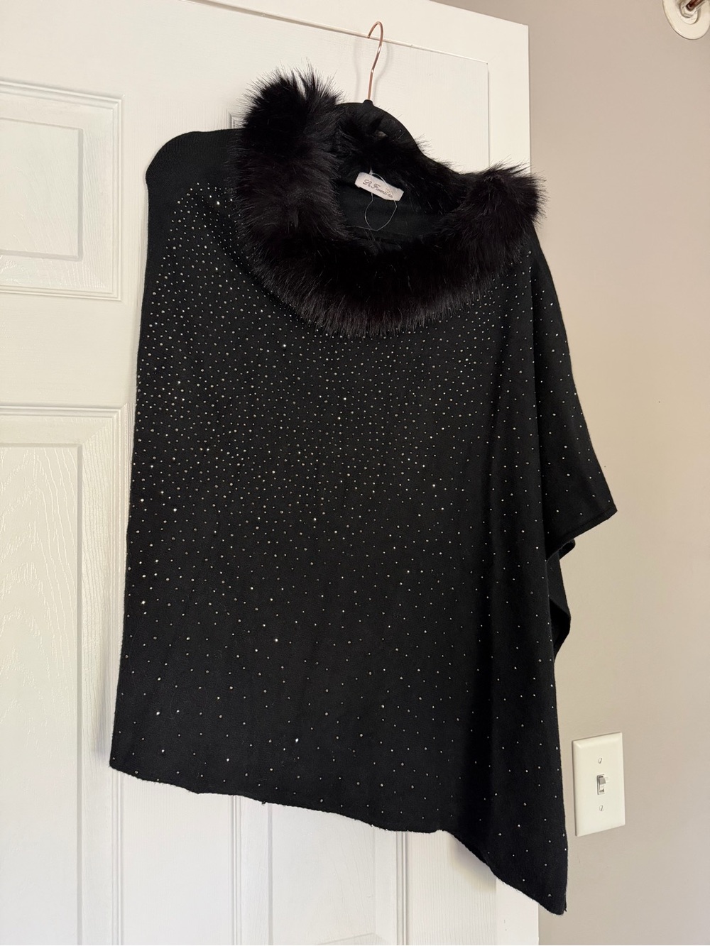 La Fiorentina Fur Collar Black Rhinestone Cardigan Shawl Sweater Cozy one size